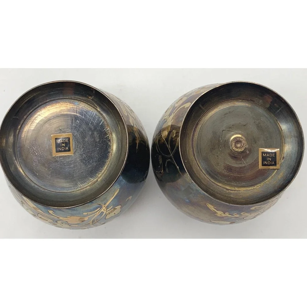 2 Vintage Brass Bud Vases Blue Gold Etched Floral India Small Footed MCM Pair
